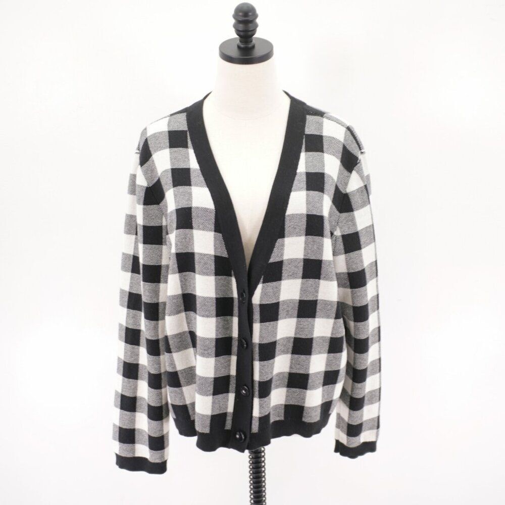 Talbots White Black Plaid V-Neck Cardigan Button Front Sweater XL Cotton Polyest